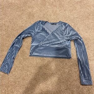 SHEIN Blue Velvet Ribbed Wrap Crop Top